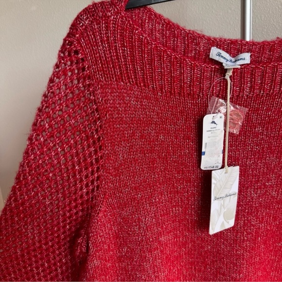 NWT Tommy Bahama Shimmer Balloon Sleeve Bateau Sweater Tango Red Metallic Wool - Picture 5 of 10